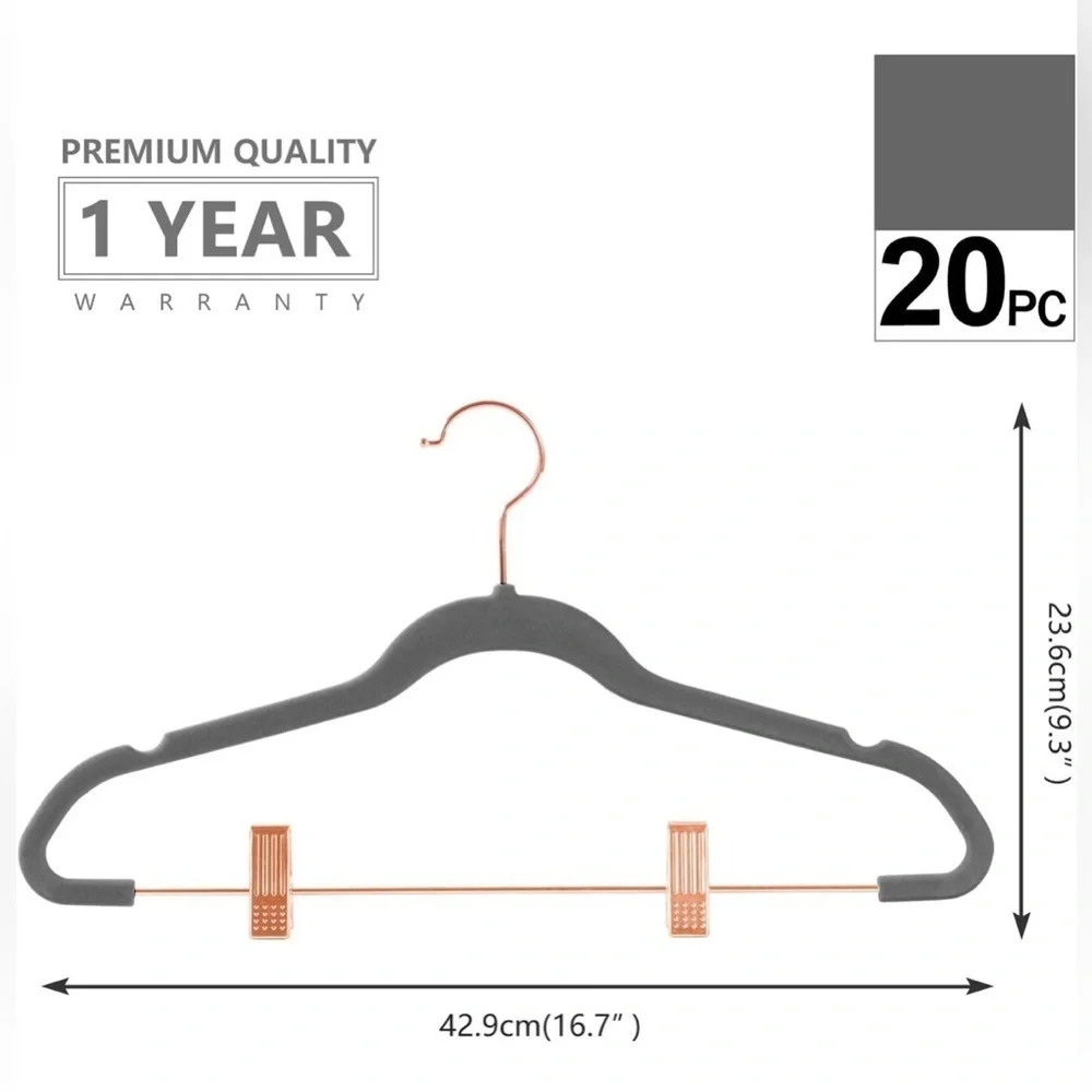 Premium Velvet Space Saver Hangers w/ Clips Rose Gold Hooks, Grey (20 pack)